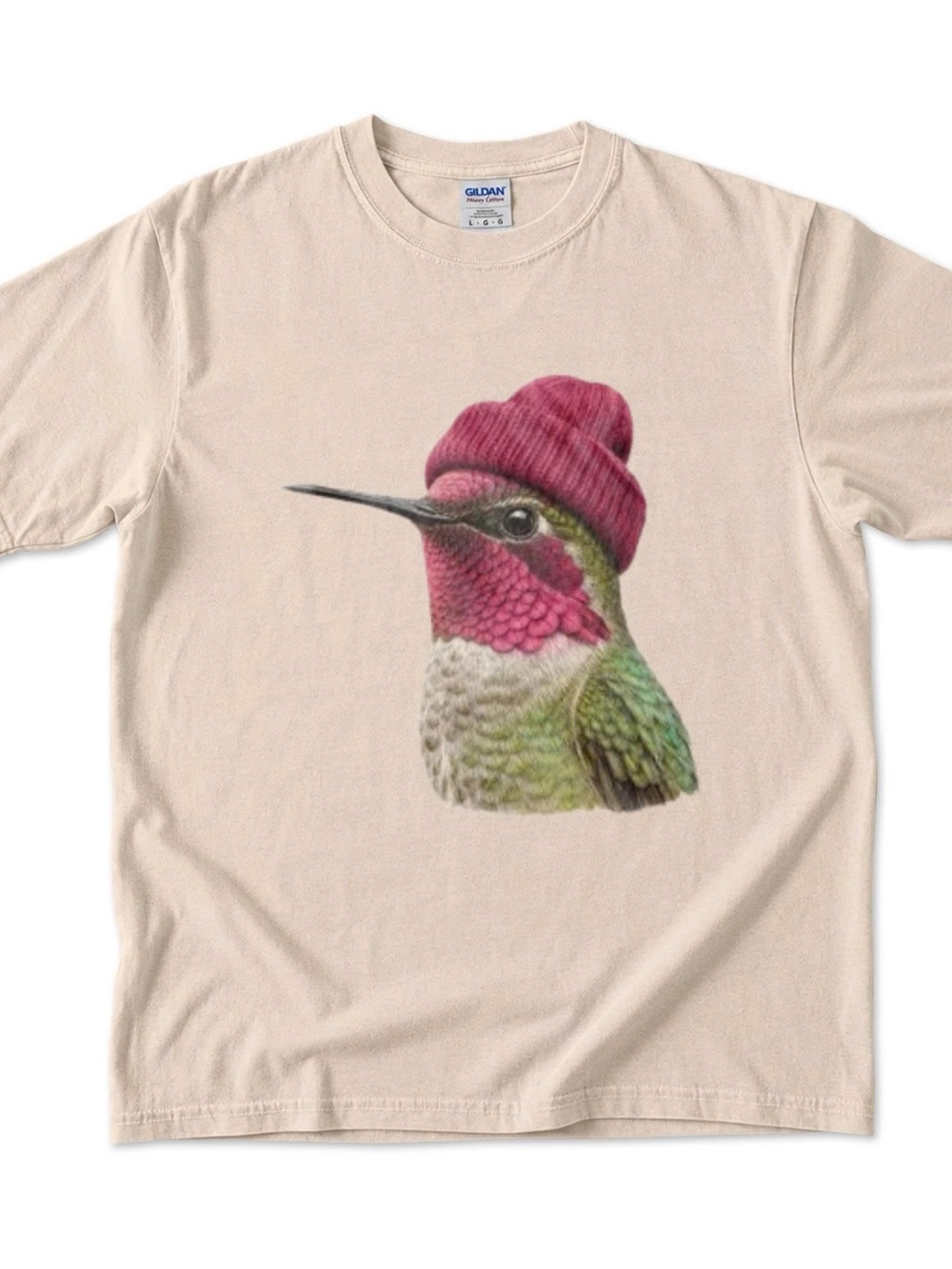 Gildan Cream Tee with Pink-Accented Hummingbird Graphic - Nature Wildlife Shirt